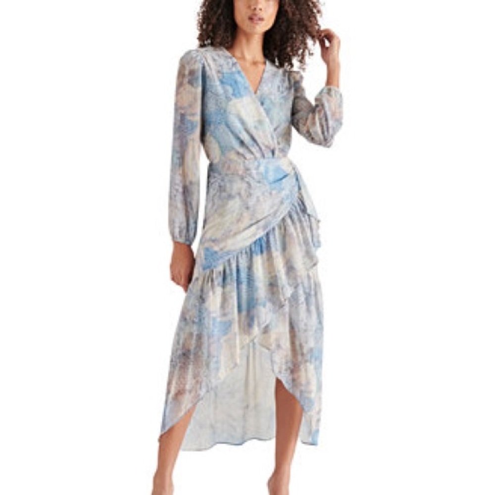 Elegant Blue and Cream Wrap Dress